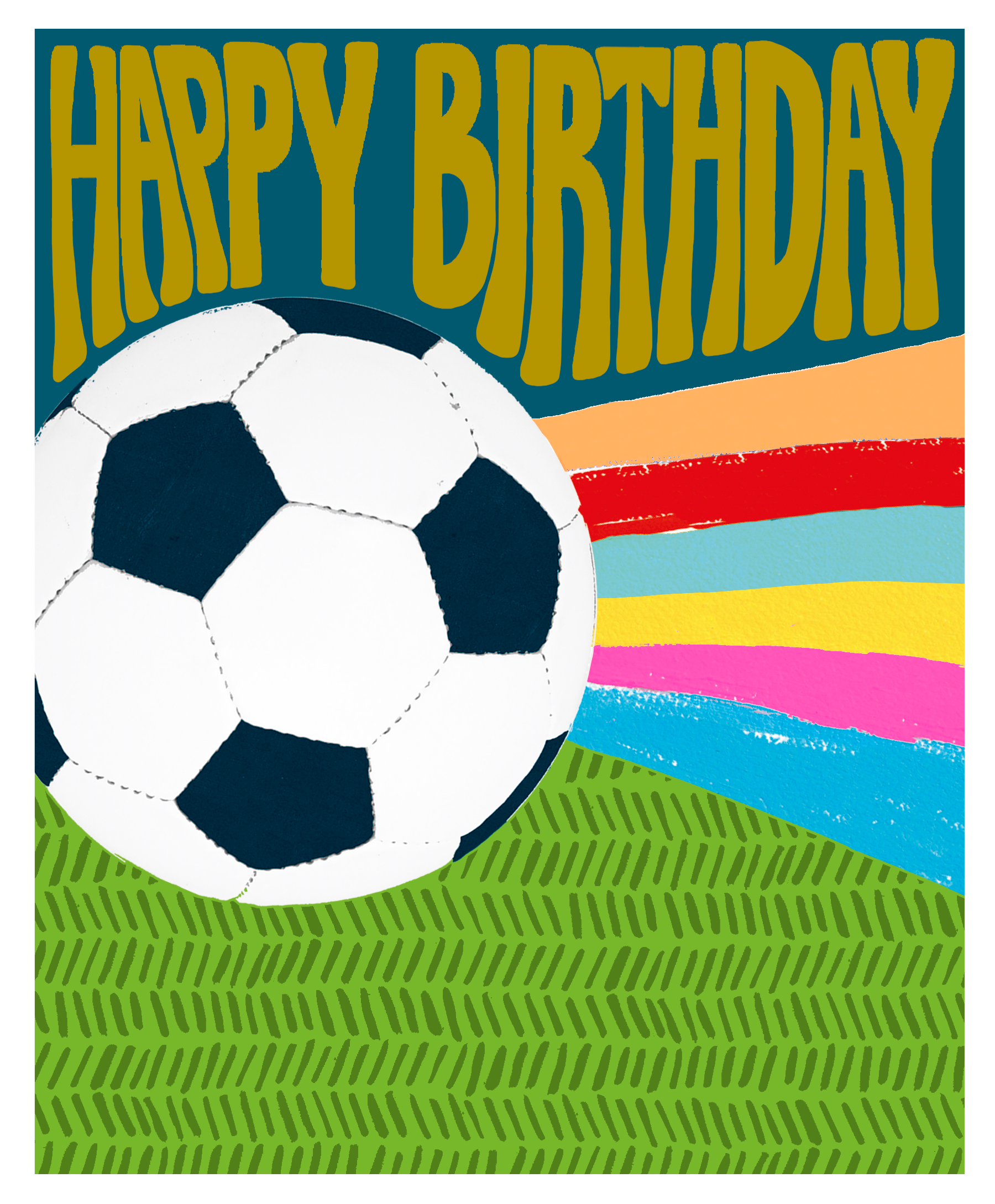 Colourful Happy Birthday card with a  football on a grass field.
