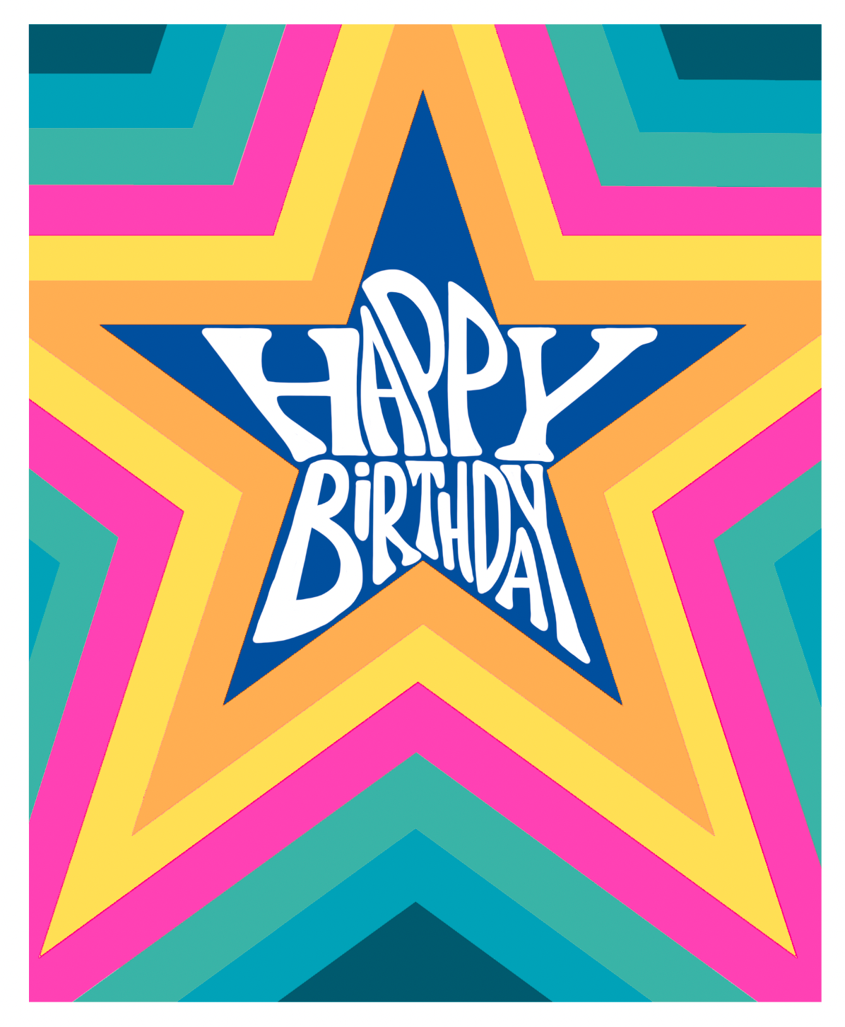 Bright colours star-shaped birthday card with 'Happy Birthday' text