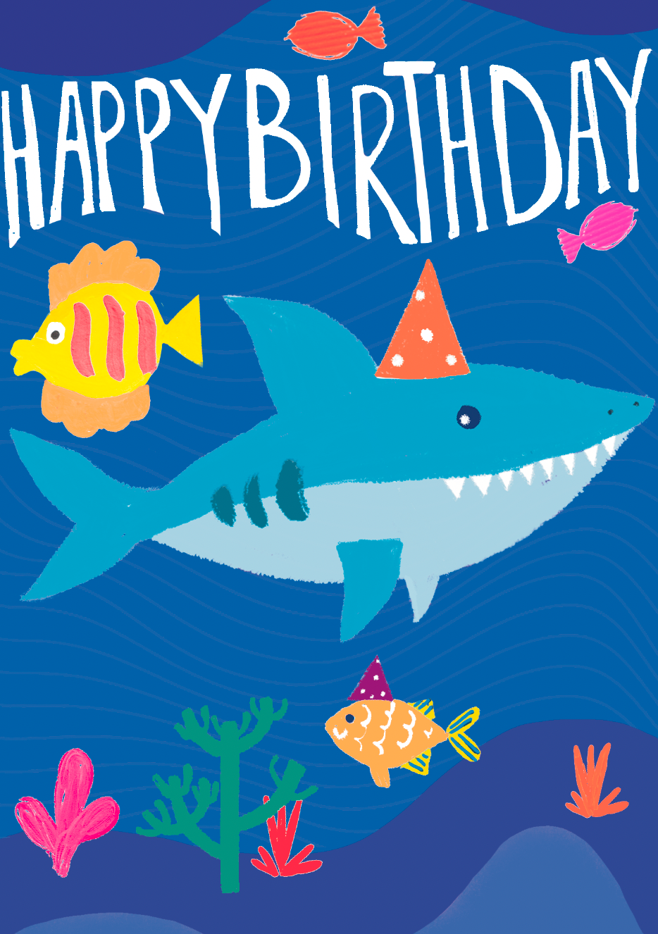 Hand-drawn Birthday card with a shark and fish design on a blue background