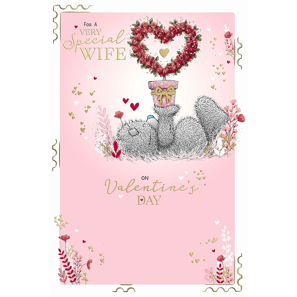 Wife Valentine's Card Tatty Teddy With Heart Shaped Plant Design