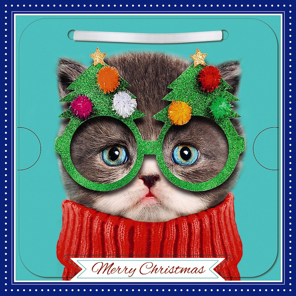 Open Card - 3D Funny Cat With Christmas Glasses
