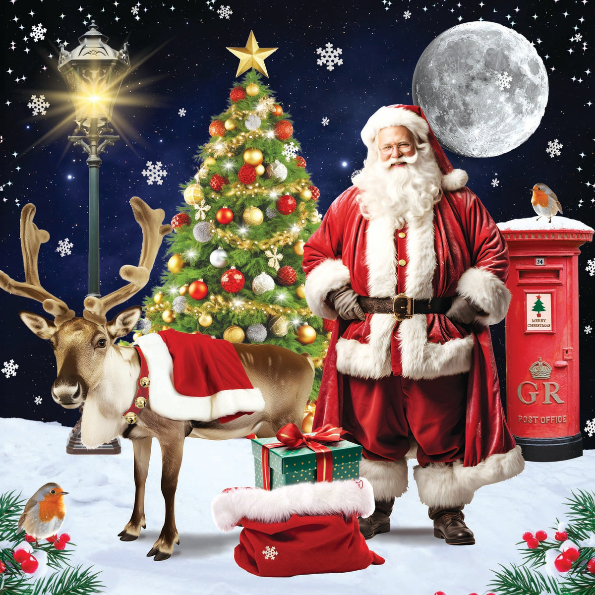 3D Traditional Santa With Reindeer And Post-box